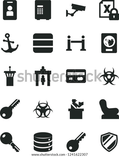 Solid Black Vector Icon Set - Baby chair vector,\
key, anchor, big data, reverse side of a bank card, encrypting,\
biohazard, airport tower, rope barrier, security gate, passort\
control, passport