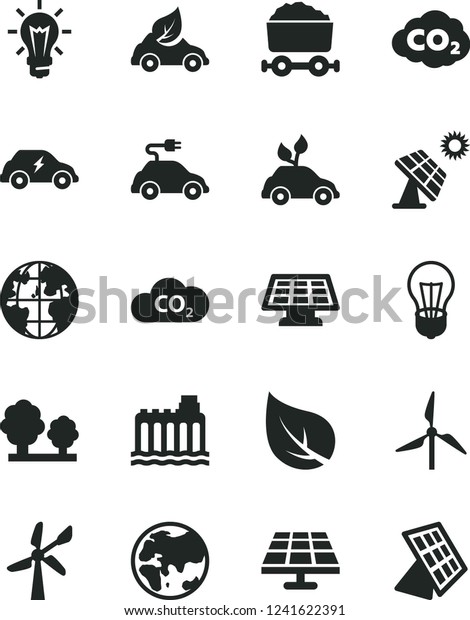 Solid Black Vector Icon Set - solar panel vector,\
big, leaf, windmill, wind energy, planet, bulb, hydroelectricity,\
trees, eco car, environmentally friendly transport, electric, CO2,\
carbon dyoxide