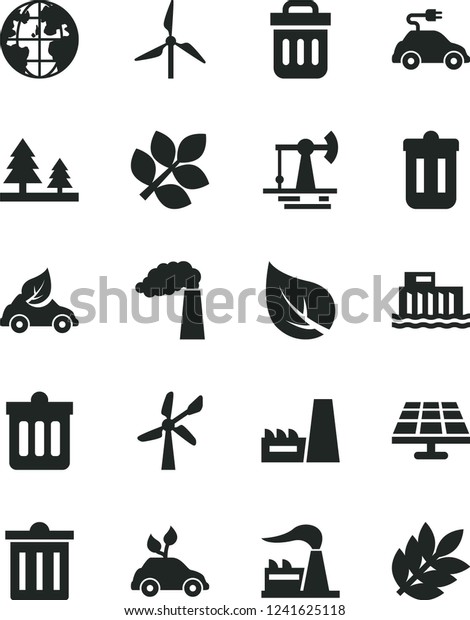 Solid Black Vector Icon Set - bin vector, dust, solar\
panel, working oil derrick, leaf, windmill, wind energy,\
manufacture, factory, hydroelectric station, forest, thermal power\
plant, eco car