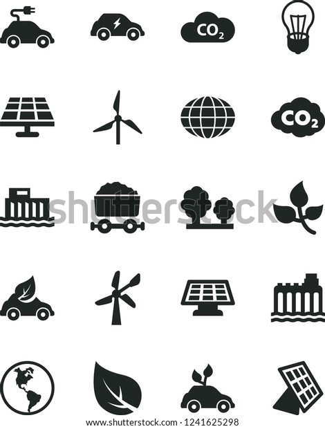 Solid Black Vector Icon Set - solar panel\
vector, leaves, leaf, windmill, wind energy, planet Earth, bulb,\
hydroelectric station, hydroelectricity, trees, eco car,\
environmentally friendly\
transport