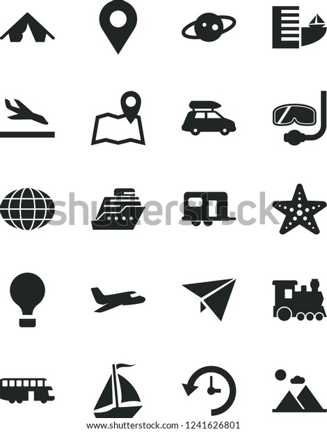 Solid Black Vector Icon Set - location vector,\
globe, history, saturn, paper plane, train, car baggage, camper,\
bus, sail boat, air balloon, arrival, hotel, tent, starfish, diving\
mask, map, cruiser