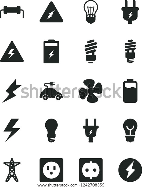 Solid\
Black Vector Icon Set - lightning vector, danger of electricity,\
saving light bulb, fan screw, charge level, charging battery, power\
line, plug, electric, socket, energy, car,\
resistor