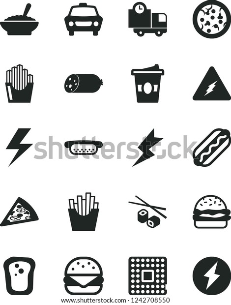 Solid Black Vector Icon Set - lightning\
vector, car, delivery, sausage, pizza, piece of, Hot Dog, mini, big\
burger, a bowl buckwheat porridge, French fries, fried potato\
slices, Chinese\
chopsticks