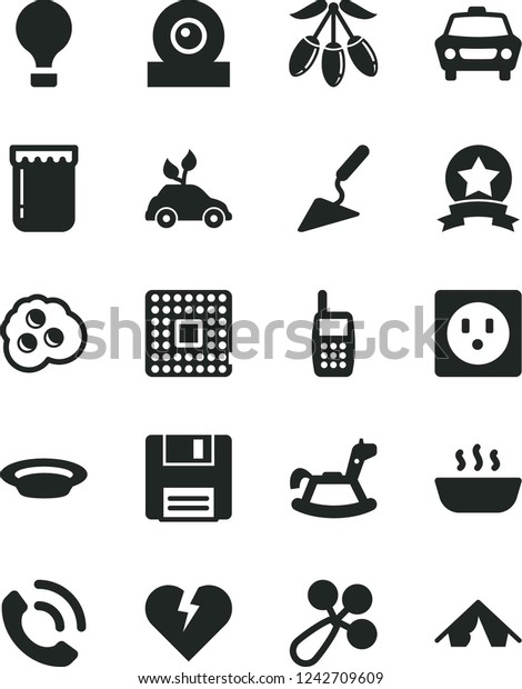 Solid Black Vector Icon Set - baby rattle vector,\
rocking horse, building trowel, broken heart, car, phone call, hot\
porridge, plate, omelette, jam, goji berry, socket, processor,\
mobile, web camera