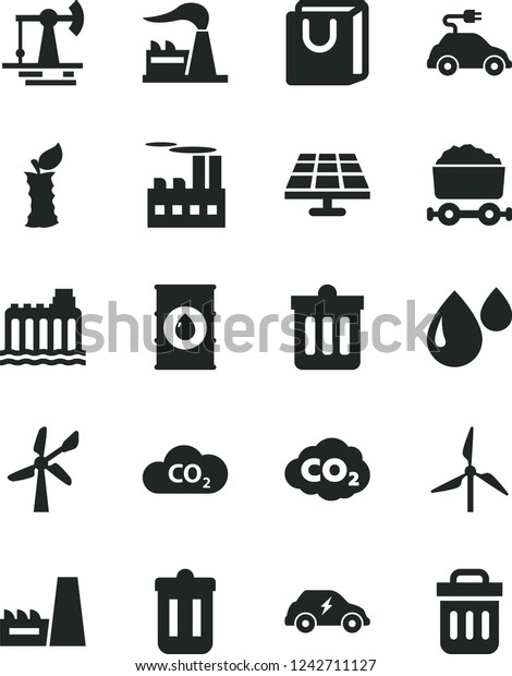 Solid Black Vector Icon Set - dust bin vector,\
bag with handles, apple stub, solar panel, working oil derrick,\
windmill, wind energy, factory, hydroelectricity, industrial\
building, drop,\
transport