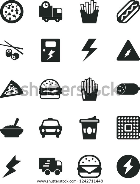 Solid Black Vector Icon Set - lightning vector,\
dangers, car, delivery, sausage, pizza, piece of, Hot Dog, big\
burger, a bowl buckwheat porridge, French fries, fried potato\
slices, coffe to go
