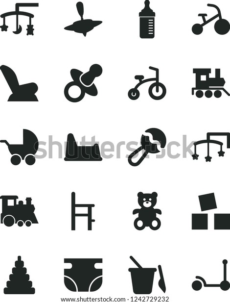 Solid Black Vector Icon Set - toys over the cradle\
vector, cot, dummy, measuring bottle for feeding, nappy, beanbag,\
car child seat, baby stroller, stacking toy, children\'s sand set,\
potty chair, a