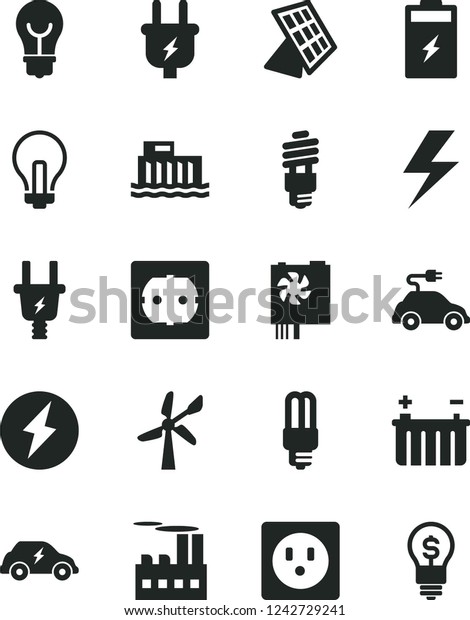 Solid Black Vector Icon Set - lightning vector,\
incandescent lamp, power socket type f, bulb, charging battery,\
wind energy, hydroelectric station, plug, electric, industrial\
building, saving, car