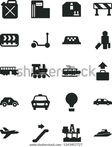 Solid Black Vector Icon Set - baby toy train\
vector, Kick scooter, traffic signal, car, cardboard box,\
commercial seaport, modern gas station, conveyor, canister,\
electric transport, private\
plane
