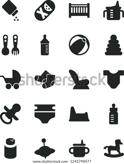 Solid Black Vector Icon Set - baby cot vector,\
nipple, mug for feeding, measuring cup, bottle, diaper, powder,\
Child T shirt, car seat, stroller, bath ball, stacking rings,\
Knitted Socks, tumbler