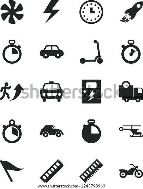 Solid Black Vector Icon Set - lightning vector,\
stopwatch, wind direction indicator, motor vehicle, child Kick\
scooter, dangers, timer, car, delivery, marine propeller, retro,\
space rocket, memory