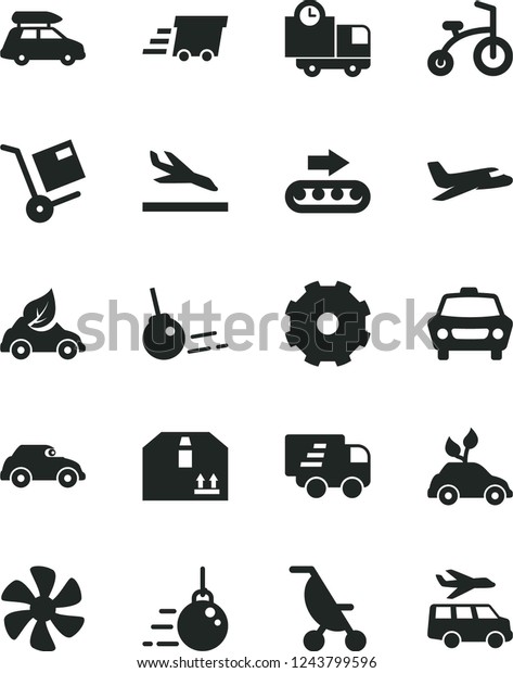 Solid Black Vector Icon Set - truck lorry vector,\
summer stroller, child bicycle, big core, car, delivery, cardboard\
box, shipment, marine propeller, production conveyor, eco, retro,\
urgent cargo