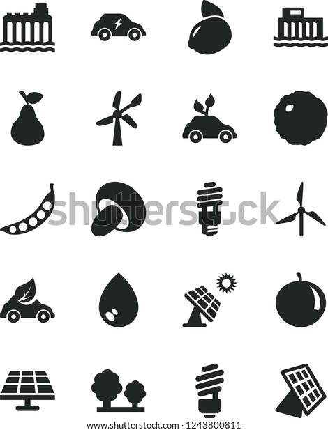 Solid Black Vector Icon Set - saving\
light bulb vector, drop, porcini, cabbage, pear, tangerine, yellow\
lemon, peas, solar panel, big, windmill, wind energy, hydroelectric\
station,\
hydroelectricity