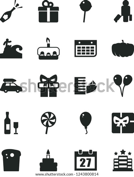 Solid Black Vector Icon Set - daily calendar\
vector, colored air balloons, balloon, gift, Easter cake, torte,\
birthday, Chupa Chups, lollipop, pumpkin, wall, giftbox, wine,\
champagne, car baggage