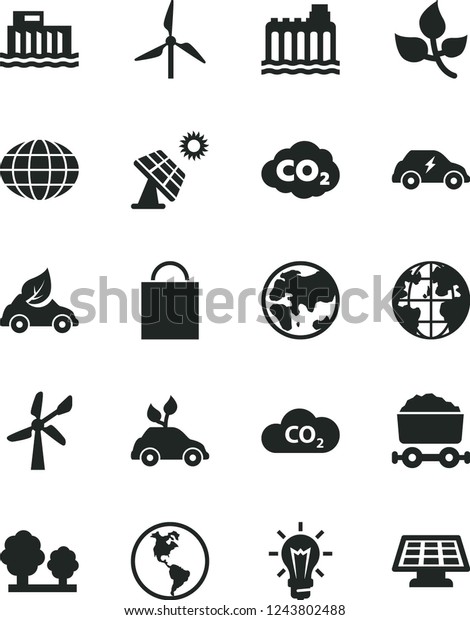 Solid Black Vector Icon Set - paper bag vector,
big solar panel, leaves, windmill, wind energy, planet, Earth,
hydroelectric station, hydroelectricity, trees, eco car, electric,
CO2, carbon dyoxide