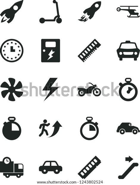 Solid Black Vector Icon Set - lightning vector,\
stopwatch, motor vehicle, child Kick scooter, dangers, timer, car,\
delivery, marine propeller, retro, rocket, space, wall watch,\
memory, man arrow up