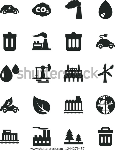 Solid Black Vector Icon Set - dust bin vector, drop,
working oil derrick, leaf, wind energy, manufacture, factory,
hydroelectric station, hydroelectricity, forest, industrial
building, eco car