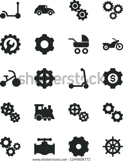 Solid Black Vector Icon Set - truck lorry\
vector, baby carriage, children\'s train, tricycle, Kick scooter,\
child, gears, cogwheel, gear, valve, retro car, three, dollar,\
motorcycle, handwheel