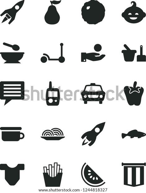 Solid Black Vector Icon Set - image of thought\
vector, Child T shirt, toy mobile phone, sand set, deep plate with\
a spoon, children\'s potty, funny hairdo, Kick scooter, car, onion,\
cabbage, peper