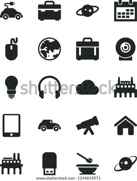 Solid Black Vector Icon Set - calendar vector,
plates and spoons, house, suitcase, bulb, headphones, case, lens,
planet, industrial factory, enterprise, electric car, retro, tablet
pc, mouse, cloud