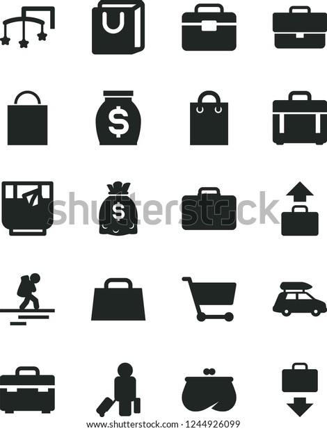Solid Black Vector Icon Set - briefcase\
vector, paper bag, toys over the cot, portfolio, suitcase, case,\
with handles, a glass of tea, cart, purse, money, dollars, hand,\
car baggage, backpacker