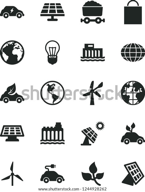 Solid Black Vector Icon Set - sign of the planet\
vector, paper bag, solar panel, big, leaves, windmill, wind energy,\
Earth, bulb, hydroelectric station, hydroelectricity, eco car,\
electric, globe