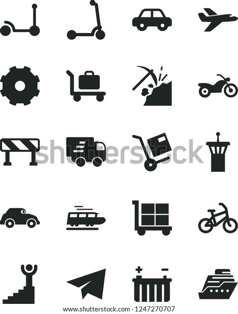 Solid Black Vector Icon Set - truck lorry vector,\
cargo trolley, paper airplane, motor vehicle, Kick scooter, child,\
traffic signal, shipment, coal mining, battery, retro car, Express\
delivery, bike