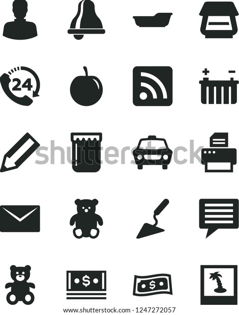 Solid Black Vector Icon Set - bell vector, image\
of thought, rss feed, bath, teddy bear, small, building trowel,\
envelope, car, 24, jam, tasty plum, battery, woman, pencil, cash,\
printer, scanner
