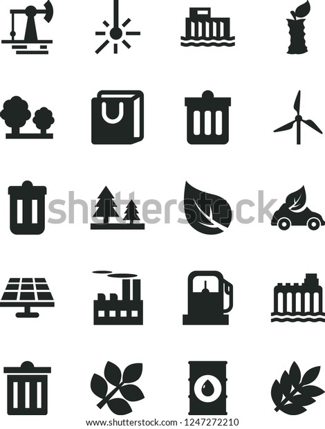 Solid Black Vector Icon Set - bin vector, dust, bag\
with handles, apple stub, solar panel, working oil derrick, leaf,\
gas station, windmill, hydroelectric, hydroelectricity, trees,\
forest, eco car