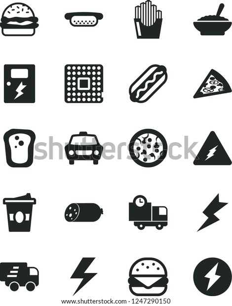 Solid Black Vector Icon Set - lightning vector,\
dangers, car, delivery, sausage, pizza, piece of, Hot Dog, mini,\
big burger, a bowl buckwheat porridge, fried potato slices, coffe\
to go, sandwich