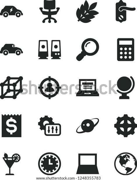 Solid Black Vector Icon Set - laptop vector,\
clock face, door knob, globe, cocktail, gear, electric transport,\
retro car, man in sight, financial item, calculator, notebook pc,\
speaker, magnifier