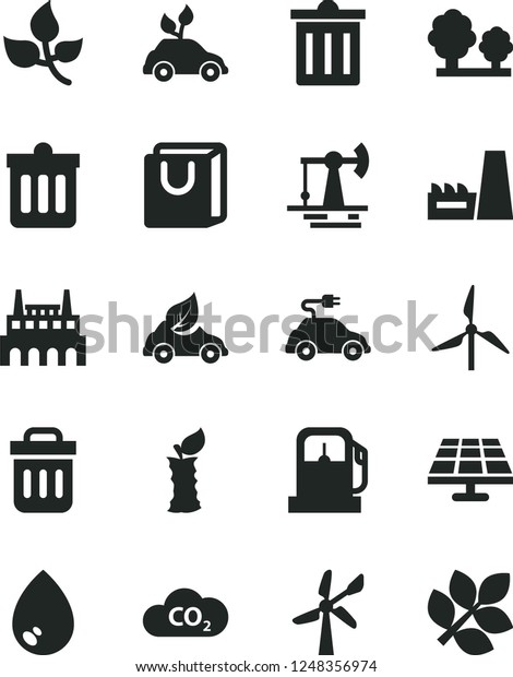 Solid Black Vector Icon Set - bin vector, dust, drop,\
bag with handles, apple stub, solar panel, working oil derrick,\
leaves, gas station, windmill, wind energy, trees, thermal power\
plant, eco car