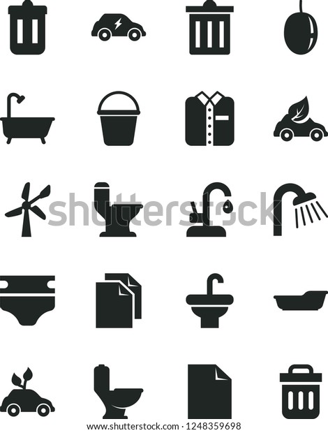 Solid Black Vector Icon Set - bin vector, clean\
sheet of paper, diaper, bath, bucket, washbasin, toilet,\
comfortable, shower, kitchen faucet, folded shirt, passion fruit,\
wind energy, eco car,\
trash