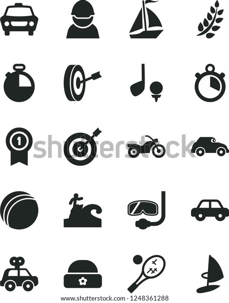 Solid Black Vector Icon Set - bath ball vector,\
motor vehicle, present, warm hat, timer, car, racer, retro,\
stopwatch, laurel branch, target, purpose, medal with pennant, sail\
boat, motorcycle, golf