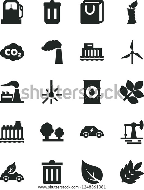 Solid Black Vector Icon Set - bin vector, bag with\
handles, apple stub, working oil derrick, leaf, gas station,\
windmill, manufacture, factory, hydroelectric, hydroelectricity,\
trees, eco car, trash