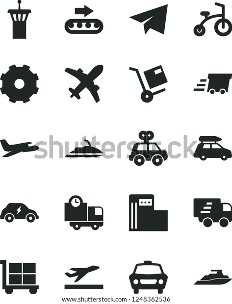 Solid Black Vector Icon Set - truck lorry vector,\
cargo trolley, paper airplane, motor vehicle present, child\
bicycle, car, delivery, shipment, modern gas station, production\
conveyor, urgent, plane