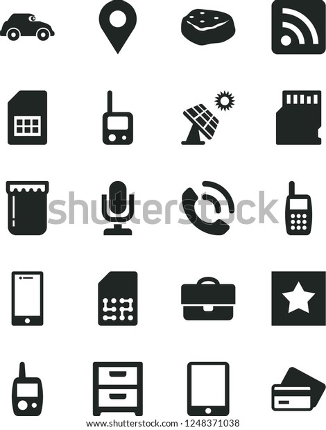 Solid Black Vector Icon Set - desktop microphone\
vector, rss feed, toy phone, mobile, smartphone, nightstand, call,\
piece of meat, jam, big solar panel, retro car, SIM card, location,\
portfolio, sd