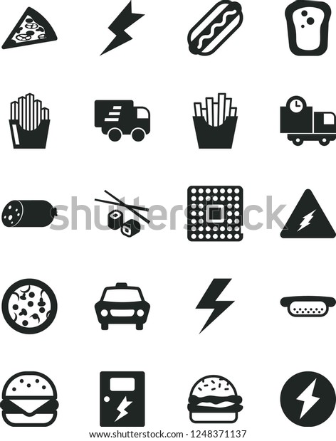 Solid Black Vector Icon Set - lightning vector,\
dangers, car, delivery, sausage, pizza, piece of, Hot Dog, mini,\
big burger, French fries, fried potato slices, Chinese chopsticks,\
sandwich, Express