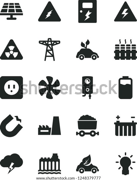 Solid Black Vector Icon Set - danger of electricity\
vector, power socket type b, dangers, radiator, boiler, storm\
cloud, marine propeller, charge level, solar panel, battery,\
hydroelectricity, pole