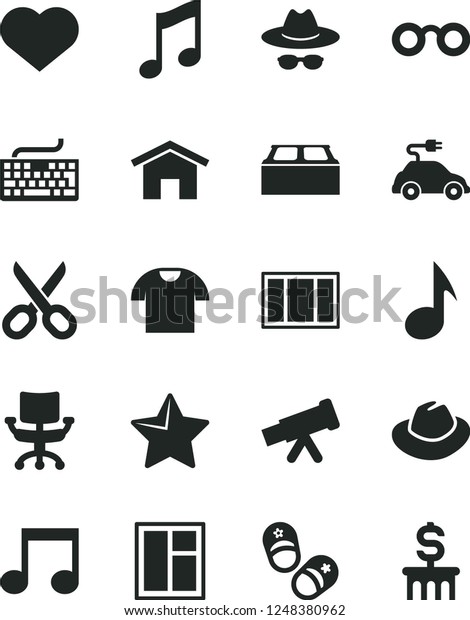 Solid Black Vector Icon Set - heart symbol\
vector, scissors, keyboard, hat, with glasses, child shoes, window,\
frame, building block, home, star, music, T shirt, electric car,\
note, chair, telescope