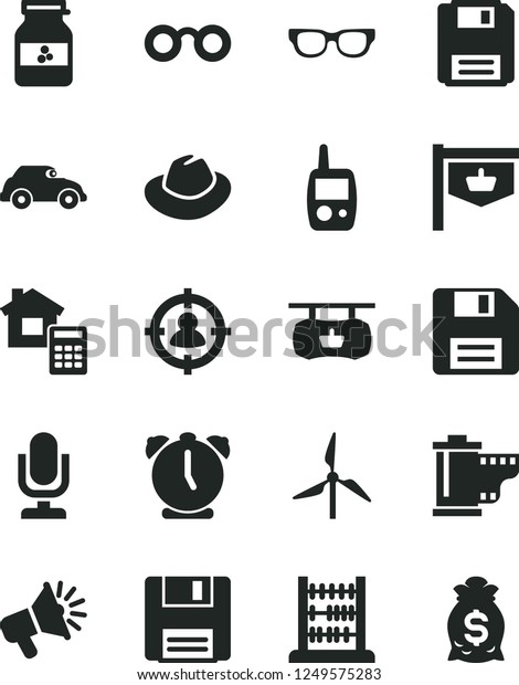 Solid Black Vector Icon Set - desktop microphone\
vector, floppy disk, hat, camera roll, toy mobile phone, abacus,\
estimate, alarm clock, jar of jam, windmill, retro car, vintage\
sign, man in sight