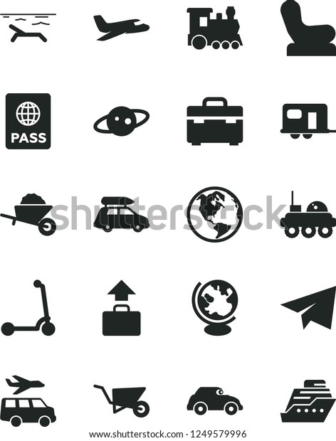 Solid Black Vector Icon Set - paper airplane\
vector, Baby chair, child Kick scooter, garden trolley, building,\
suitcase, passport, retro car, globe, saturn, lunar rover, earth,\
plane, train, baggage