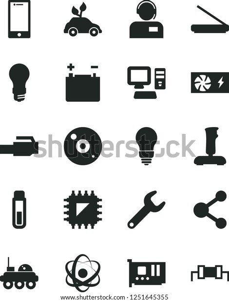 Solid Black Vector Icon Set - bulb vector,\
smartphone, operator, accumulator, light, environmentally friendly\
transport, smd, repair key, connection, computer, pc power supply,\
card, cd, scanner