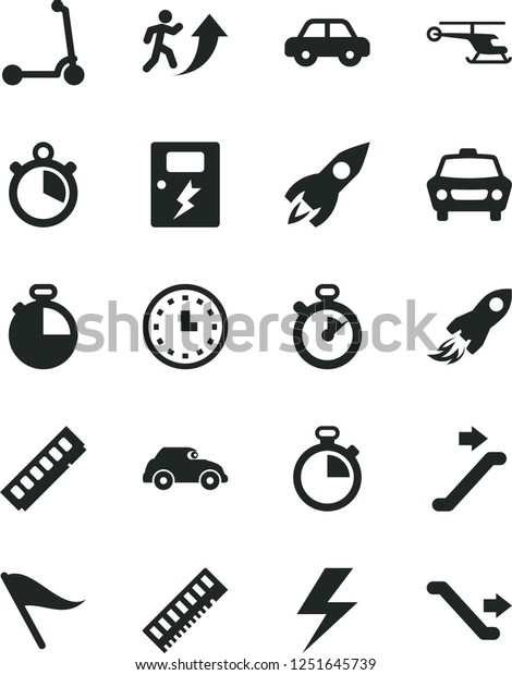 Solid Black Vector Icon Set - lightning vector,\
stopwatch, wind direction indicator, motor vehicle, child Kick\
scooter, dangers, timer, car, retro, rocket, space, wall watch,\
memory, man arrow up