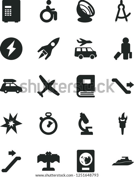 Solid Black Vector Icon Set - microscope vector,\
book, drawing compass, satellite antenna, rocket, stopwatch, flame\
torch, bang, electricity, plane, car baggage, escalator, passenger,\
passport, safe