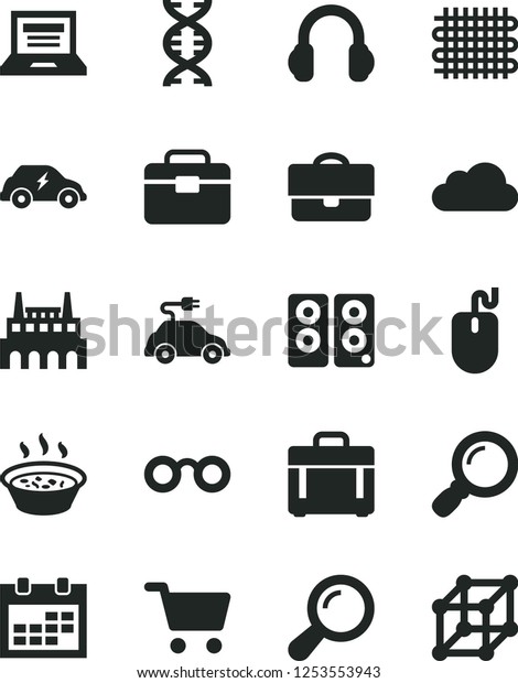 Solid Black Vector Icon Set - laptop vector,\
calendar, portfolio, case, porridge in a saucepan, industrial\
factory, weaving, electric car, transport, shopping cart, mouse,\
headphones, pc speaker