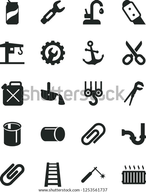 Solid Black Vector Icon Set - scissors vector,
clip, crane, winch hook, adjustable wrench, stepladder, sewerage,
gear, knife, kitchen faucet, anchor, soda can, canister, pipe,
pipes, welding