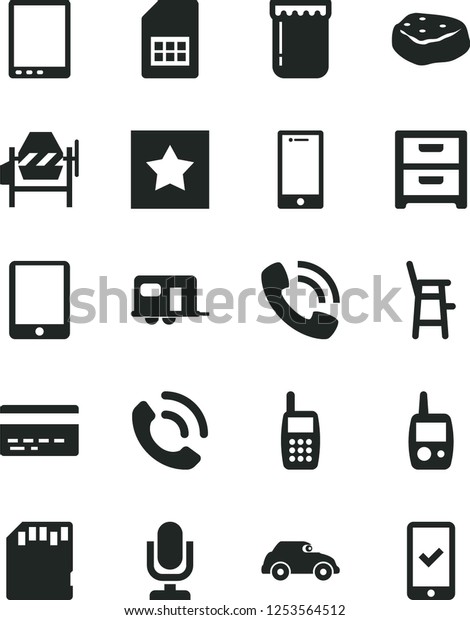 Solid Black Vector Icon Set - desktop microphone\
vector, bank card, toy mobile phone, a chair for feeding child,\
concrete mixer, smartphone, nightstand, call, piece of meat, jam,\
retro car, SIM, sd