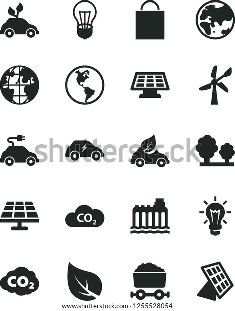 Solid Black Vector Icon Set - paper bag vector, solar\
panel, leaf, wind energy, planet, Earth, bulb, hydroelectricity,\
trees, eco car, environmentally friendly transport, electric, CO2,\
sun