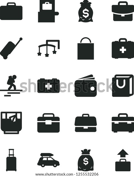 Solid Black Vector Icon Set - paper bag\
vector, toys over the cot, of a paramedic, medical, portfolio,\
suitcase, with handles, glass tea, briefcase, wallet, dollars,\
money, car baggage,\
backpacker